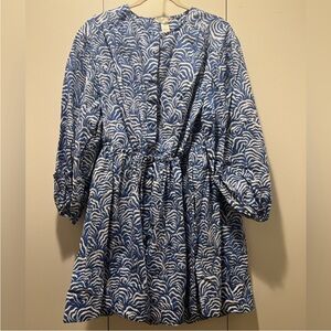 H&M Blue and White Cotton Mini Dress with Puff Sleeves Size Large